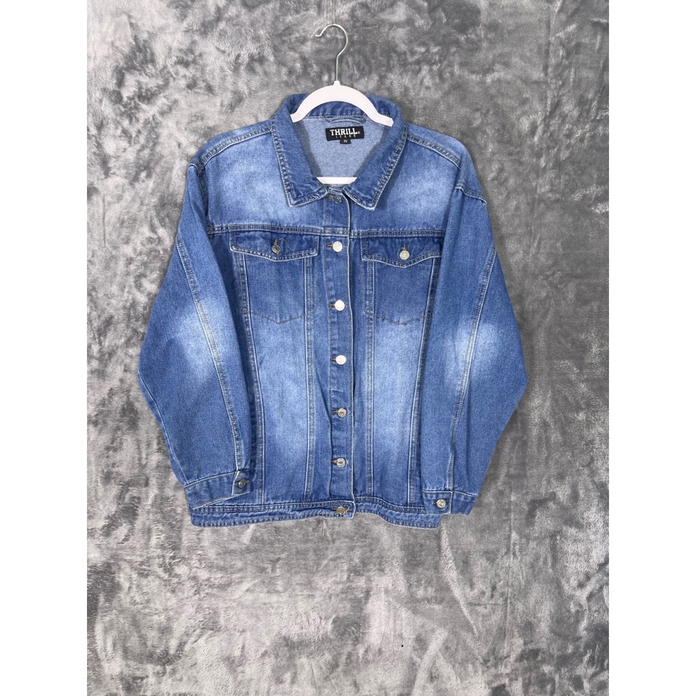 Thrill Jeans Mens Blue Denim Jacket Faded Wash Trucker Button Up 2X